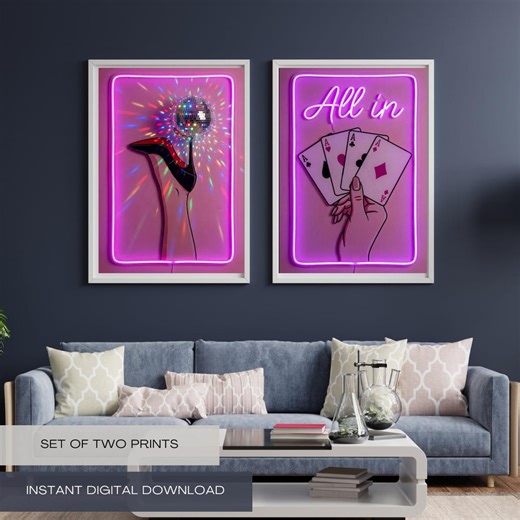 Neon Glow Art: Bar Cart Decor Game Room Signs(two Print Set, Digital Download) - Etsy