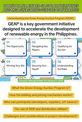 PAANO BA NA AWARD SA SOLAR PHILIPPINES ANG MGA SINASABING SERVICE CONTRACTS? Understanding the Green Energy Auction Program (GEAP): GEAP is a key government initiative designed to accelerate the development of renewable energy in the Philippines. What the Green Energy Auction Program is? How the bidding and pricing mechanism works? Who can participate (developers, suppliers, off-takers)? The role of DOE and distribution utilities? Challenges and considerations in project development? | Dare To A