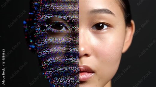 a highly detailed realistic image of a face split in two with one half depicting a natural human Stock Video