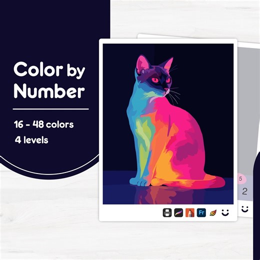 Colorful Cat Art - Color by Number - Digital & Printable - 4 Levels - Etsy Australia