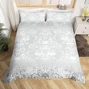 Adults White Damask Bedding Set Antique Victorian Baroque Duvet Cover King Size,Gothic Vintage Floral Comforter Cover Exotic Sugar Skull Quilt Cover,Gothic Bone Skeleton Bohemian Decor,Silver