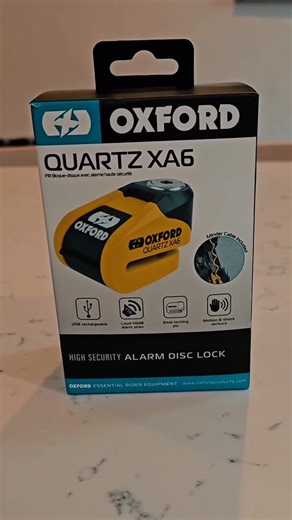 The Oxford Quartz XA6 Alarm Disc Lock combines tough alloy construction with a movement-activated 110dB siren — that’s as loud as a rock concert — to alert you the second your bike is tampered with. It features a durable twin-spar chassis, a 6mm pin to fit most discs, and a long-life lithium battery so it’s always ready. A Minder cable is included to remind you the lock is engaged — no surprises when it’s time to ride. #Oxford #OxfordParts #MotorcycleSecurity #DiscLockWithAlarm #AntiTheftLock #B