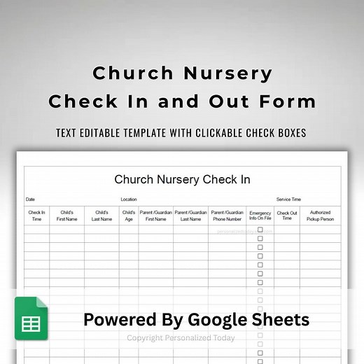 Google Sheets Church Nursery Check in and Out Sheet - Kids Church Intake and Release Form - Church Sign in and Out Tracker - Text Editable - Etsy