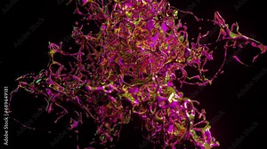 Neon liquid tendrils in 3D animation, twisting in a chaotic dance, illuminated with vibrant pink and blue highlights