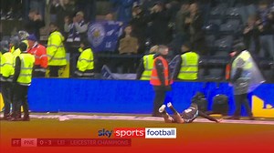 Jamie Vardy's sensational diving celebration after Leicester City crowned champions!
