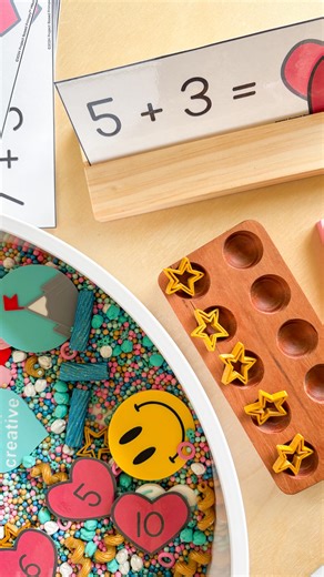 Jenn | Rumble & Rour on Instagram: "Adding hearts and stars with math printables from @projectbasedprimary’s February Low Prep bundle. This was such a fun warmup for big kid who has been asking to get back into “bin work”. ❤️ Math printables: @projectbasedprimary’s Low Prep February Bin ❤️ Tray & insert: @inspiremyplay ❤️ High quality filler, 3d printed loose parts & stars: @capptivatingplay ❤️ 10-frame: @chickadeeswoodentoys"