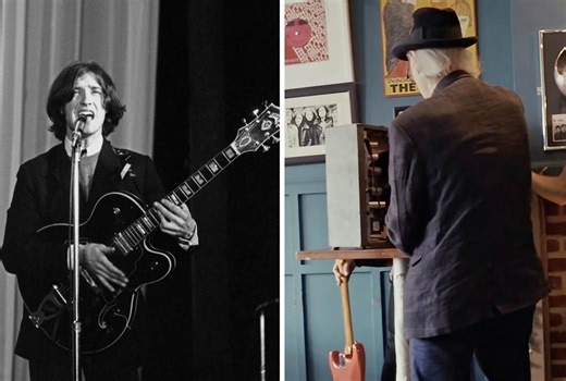 “So, Dave, how do I slash the amp?”: Dave Davies picks up a razor and slashes a speaker on camera to demonstrate how he got the Kinks’ iconic proto-fuzz guitar tone