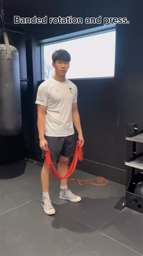 Banded rotation and press Tie a resistance band or a theraband to a low fixed anchor point. Have feet shoulder width apart, and grip firmly. 1. Initiate the movement by pulling the band back and engaging your back 2. Raise your elbows so till it is parallel to the floor 3. Finish the movement by extending the arms fully. 4. Then return slowly to the starting position under control andmaintaing band tension throughout Aim 🎯 - Builds shoulder and upper-body stability - Builds core strength - Deve