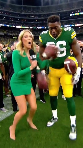 NFL reporter gets smoked with a football on the sidelines interviewing a Greenbay Packers player