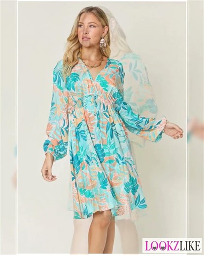 Double Take Full Size Printed V-Neck Drawstring Dress