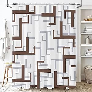 BTTN 96 Inches Extra Long Shower Curtain - Geometric Thick Fabric Shower Curtain Set with 12 Hooks, Large Spa Modern Decorative Neutral Polyester Cloth Shower Curtains for Bathroom - 72x96, Brown