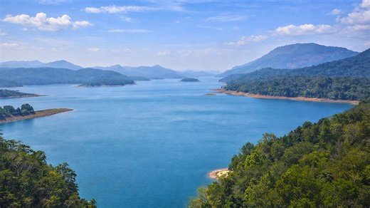 Idukki reservoir surrounded by the Western Ghats in Kerala