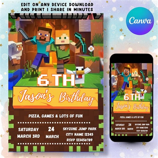 Minecraft Birthday Invitation Template, Pixel Block Gamer Party Invite, Editable Canva Kids Card, Printable Game Theme, Instant Download - Etsy
