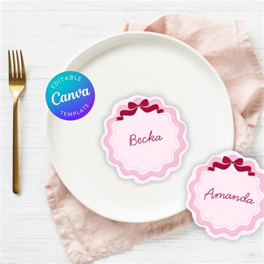 Galentines Wavy Bow Name Cards, Editable Canva Template, Printable Instant Download, Galentines Printable Name Placecards, Pink & Red - Etsy