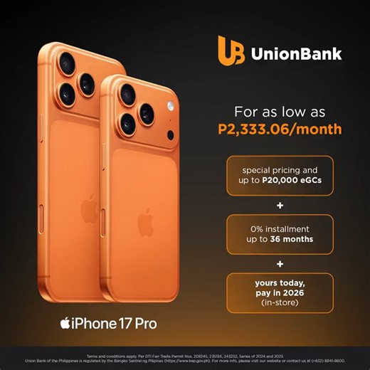 It’s never too late to switch to the most powerful iPhone ever! Get the latest generation of iPhone as the perfect holiday gift for as low as P2,333.06/month at 0% installment for 36 months with your UnionBank Credit Card. Shop at any Power Mac Center and The Loop stores nationwide until December 31, 2025. Plus, have the option to get it today, pay in 2026 until February 28, 2026. You can also get up to P20,000 eGCs on your holiday spends. Register and join the promo at UnionBank Treats Hub unti