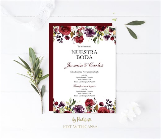 Burgundy Wedding Invitation in Spanish, Invitación Para Boda Color Tinto (editable Invite) - Etsy