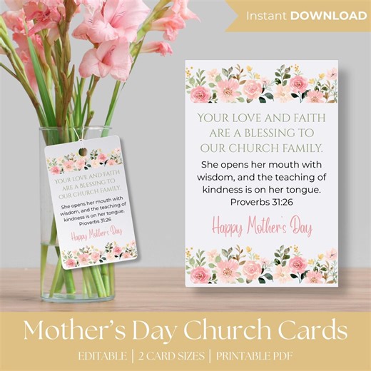 Editable Mother's Day Church Card Favors, Bible Verse Mom Card, Christian Mother’s Day, Faith Gift for Mom, Digital Download