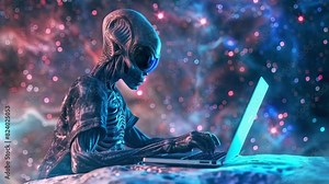 alien looking and using laptop. alien with notebook. 4k new stock video footage Ai.