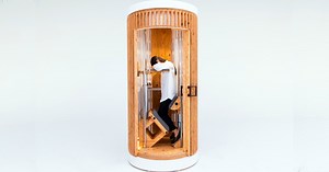 standing sleeping pods help people take power naps on their feet while in the office or cafés