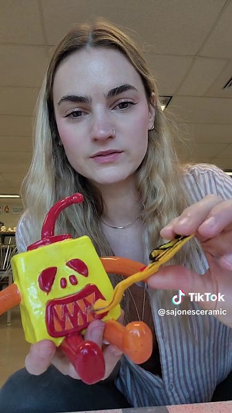 Each round of these 2nd grade monster drawings turned into sculptures made by my beginner ceramics 1 students warms my little teacher heart! I am starting to feel like they are all little collectibles and I wish I could keep them but they are going to be given back to the grade 2 student (or rather to their respective adults 😆). #pottery #ceramics #teacher #collaboration #highschool