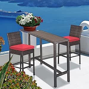 Outdoor Bar Set for Patio 3pcs Outdoor Bar Table and Chairs Set All Weather Bar Height High Top Outdoor Table and Chairs Wicker Bar Stools Set of 2 Tall Patio Table for Outside Backyard Brown (Red)