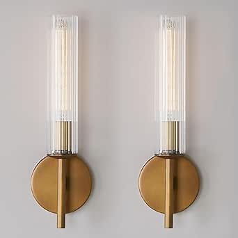 Brass Wall Sconces Set of Two, Clear Ribbed Glass Tube Sconces, Gold Bathroom Sconce, Bathroom Sconces Set of 2, vintage vanity Mirror Wall Lights, Wall Lights for Living Room Bedroom Hallway Stairs