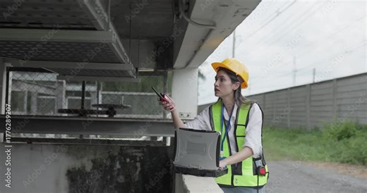 A female field analyst performs inspection and data collection at a pumping station. Technical fieldwork, quality control, and carbon footprint monitoring in utility infrastructure management.