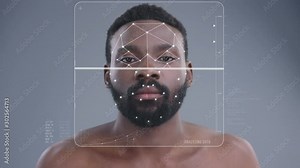 Future. Face ID. Face Detection. Augmented Reality. Biometric Technological 3D Scanning of African Black Man Face for Facial Recognition Isolated on Grey. Facial Animation with Dots and Tracking