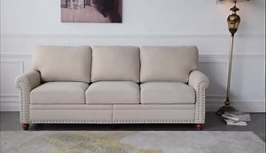 3-Piece Living Room Furniture Sets with Storage, Classic Living Room Sofa Set with Armrest Single Chair, Loveseat Sofa and 3-Seat Sofa, Fabric 1+2+3 seat with Silver Nails Decoration, Beige