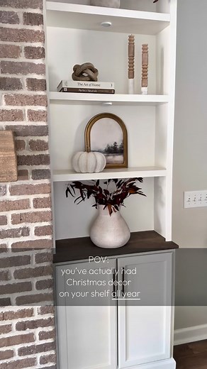 Simple Seasonal Shelf Styling Shhh…don’t tell anyone, but I’ve actually had Christmas decor on my shelf all year! 😉 This Christmas artwork came in a lovely frame and it was too pretty to only have out for a little while, so I just added some printable art in it and was able to use it all year! Work smarter, not harder when it comes to decorating your home. Decorating for different seasons doesn’t have to be overly complicated! #seasonalshelfstyling #shelfstyling #shelfiedecor #holidaydecoration