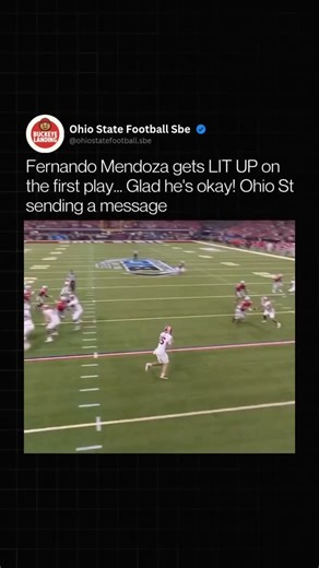 Ohio State Football SBE on Instagram: "Fernando Mendoza got absolutely LIT UP on the very first play  Whole stadium went silent for a second — that hit was a statement from Ohio State. Glad he’s okay, but man… they came out with BAD intentions  Follow @ohiostatefootball.sbe for more game moments that hit different : @Unknown This video is used under fair use for fan discussion and educational purposes. All rights belong to the respective owners/fans."