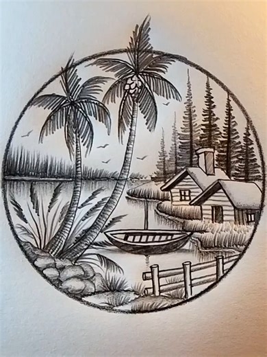 Satisfying Riverside cottage drawing in circle #howtodraw #drawingtutorial #usatiktok🇺🇸 #drawingprocess #fyp