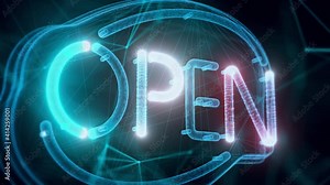 Neon Digital Cyber Open Sign hologram Close up 4k. High quality 4k footage