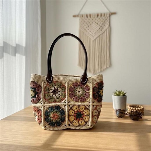 Handmade Pattern Desing Crochet Granny Square Tote Bag, Faux Leather Handles - Etsy