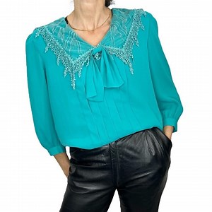 Vintage 80er Jahre Chiffon-Bluse: Petrolfarbener Spitzen-Matrosenkragen, Rundhalsausschnitt - Etsy.de