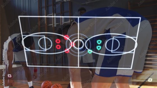 Jersey 4 bending and reaching ball while team gathering for sports training overlay mapping roles