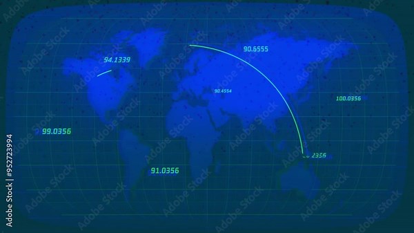 Global data transfer animation over world map with coordinates