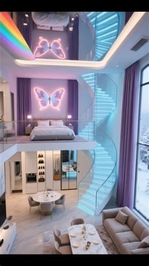 🦋 Dreamy Butterfly Loft with LED Spiral Stairs & Rainbow Glow 🌈✨ #HomeGoals #dreamhome