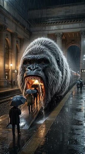 🌧️🐒✨ When the wild meets the rain! Step inside this gorilla-shaped train and feel the magic of Phi