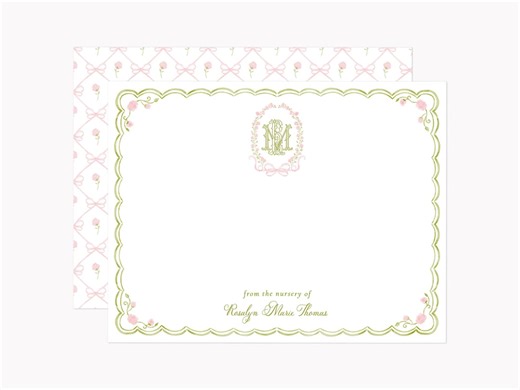 Coquette Rose Crest Note Cards | Custom A2 Grandmillennial Monogram Stationery With Envelopes - Etsy