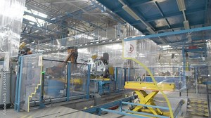 Automobile manufacturing industry. Robots soldering car parts on the production