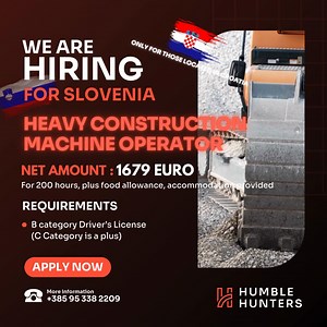 📢 Humble Hunters is hiring experienced HEAVY CONSTRUCTION MACHINE OPERATOR to work in Slovenia! Are you in Croatia and ready to take your skills to Slovenia? We can help guide you through the process. ✨Apply now and see how our recruitment experts can assist with your transition. Send your CV/Resume to: 📱Hotline: 385 95 338 2209 📢Follow @humblehunters.hr on Facebook, Instagram, and TikTok for more job opportunities. #jobopportunity #nowhiring #jobvacancy2026 #WorkInSlovenia #WorkOpportunity #