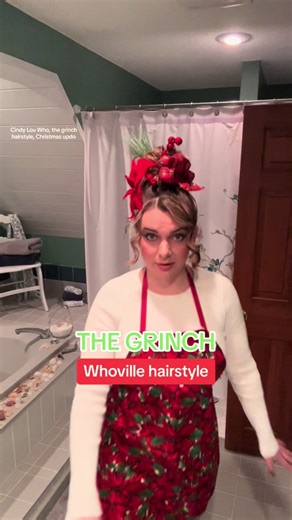 WHOVILLE HAIRSTYLE! Every year we have a themed holiday party and this year was the Grinch 🎄 My mom gave me all her Christmas wreath making decor and we came up with this crazy updo. The hair donut was perfect for volume and helping everything stay in place! #whovillehair #thegrinchhair #cindylouwhohairtutorial #christmasupdo #funupdo #crazyhairday
