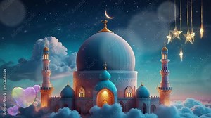 cartoon style mosque building on clouds. Seamless looping 4k video animation