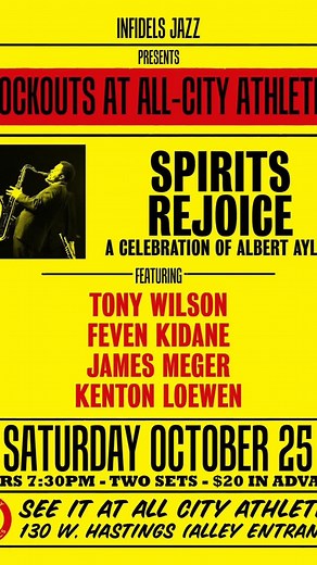 Tonight! At @allcityathletics @theinfidelsjazz presents Tony Wilson on Guitar @thehabeshaman Feven Kidane on Trumpet James Meger on Upright and Kenton Loewen on drums playing the music of Albert Ayler Get your tickets at Eventbrite. | Kenton Loewen