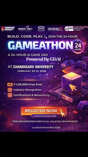 Chandigarh University Animation on Instagram: "🚀 24 HOURS. AI POWERED. GAME ON. 🚀 GAMEATHON, the ultimate 24-hour AI Game Jam powered by GDAI at INNOVFEST 2026! The Mission: Build a functional game in 24 hours using Unity/Unreal + AI integration. The Loot: 🏆 Part of ₹1,00,000 prize pool. 🚀 NEW: Exclusive Publishing Support for top games! 🤝 IGDC Voucher for winners 📜 Certifications for your portfolio. The Details: 🗓️ Feb 20–21, 2026 📍 Chandigarh University 💸 ₹200 (Open to all) ⚠️ REGISTR
