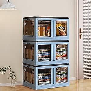 228QT Stackable Storage Bins With Lids, Collapsible Closet Organizers and Storage with Doors, Plastic Bins with Wheels, Folding Storage Box for Home, Storage Containers for Closet 3Pack