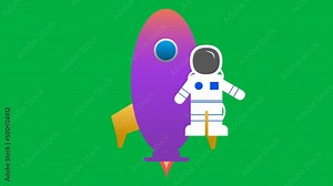Astronaut and rocket motion animation isolated on green screen. Seamless and Loop space animation.