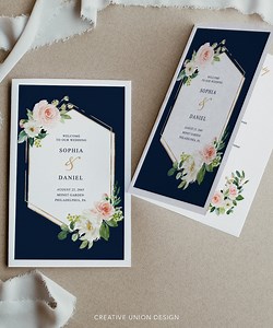 Folded Wedding Program Template, Printable Wedding Program, Editable Wedding Ceremony, Instant Download, Navy Blue, Blush, Gold, Floral - Etsy