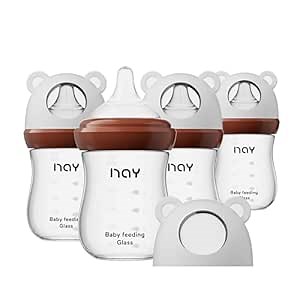 yanyoyo Natural Glass Baby Bottle for Breastfeeding Babies, 5.4oz Anti-Colic Baby Bottle with Natural Response Nipple(S), Clear, Wide Neck, 4 Pack, 1 Months+